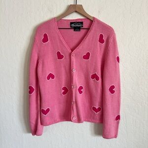 Vintage Rey Wear Cotton Hand Knit Heart Embroidered Button Front Cardigan Large